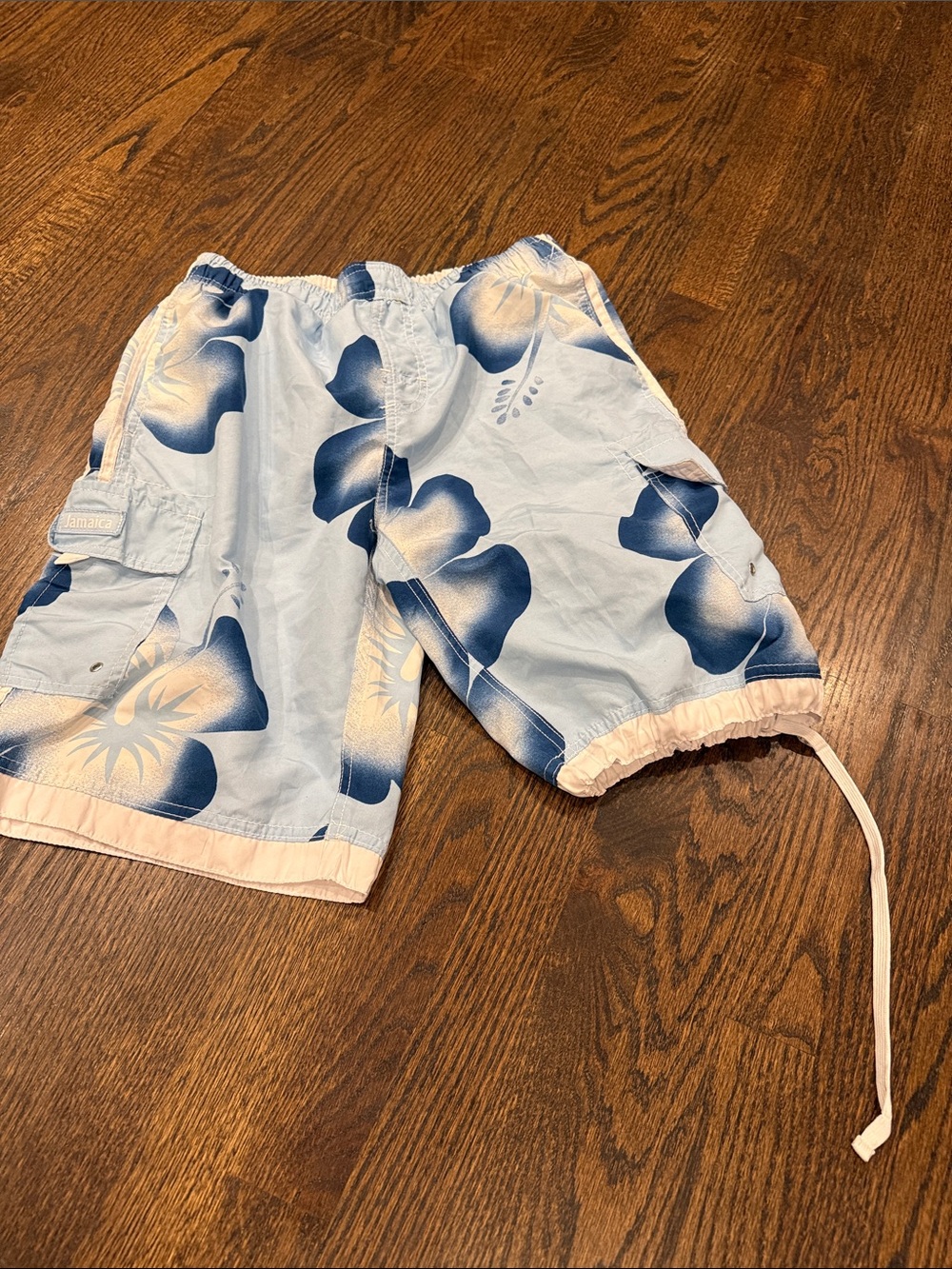 Men's Light Blue Floral Cargo Swim Trunks with Drawstring